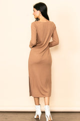 Camel Ribbed Side Slit Midi Dress