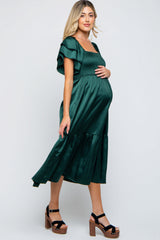 Forest Green Satin Flutter Sleeve Maternity Midi Dress