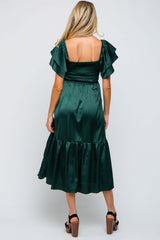 Forest Green Satin Flutter Sleeve Maternity Midi Dress