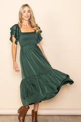 Forest Green Satin Flutter Sleeve Maternity Midi Dress