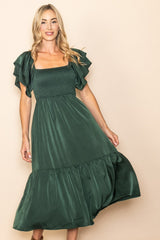 Forest Green Satin Flutter Sleeve Midi Dress