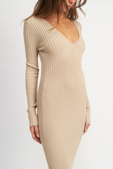 Beige Ribbed Fitted Long Sleeve Maxi Dress