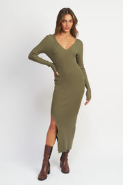 Olive Ribbed Fitted Long Sleeve Maxi Dress