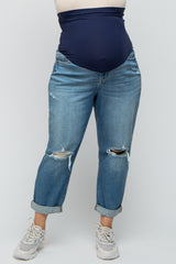 Blue Distressed Knee Cuffed Hem Maternity Plus Jeans