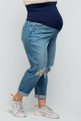 Blue Distressed Knee Cuffed Hem Maternity Plus Jeans