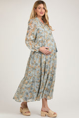 Light Blue Floral Button Front Tiered Maternity Maxi Dress