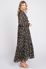 Black Floral Chiffon Front Tie Tiered Maxi Dress