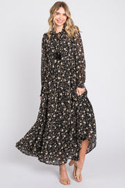 Black Floral Chiffon Front Tie Tiered Maxi Dress