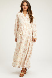 Rust Floral Tassel Tiered Long Sleeve Maternity Maxi Dress