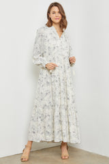 Gray Floral Tassel Tiered Long Sleeve Maxi Dress