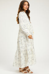 Gray Floral Tassel Tiered Long Sleeve Maternity Maxi Dress