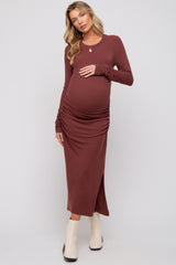 Rust Ruched Long Sleeve Side Slit Maternity Dress