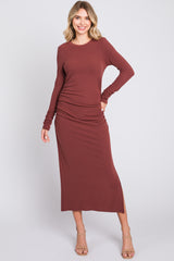 Rust Ruched Long Sleeve Side Slit Dress