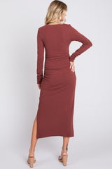 Rust Ruched Long Sleeve Side Slit Dress