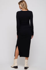 Black Ruched Long Sleeve Maternity Midi Dress