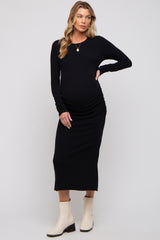 Black Ruched Long Sleeve Maternity Midi Dress