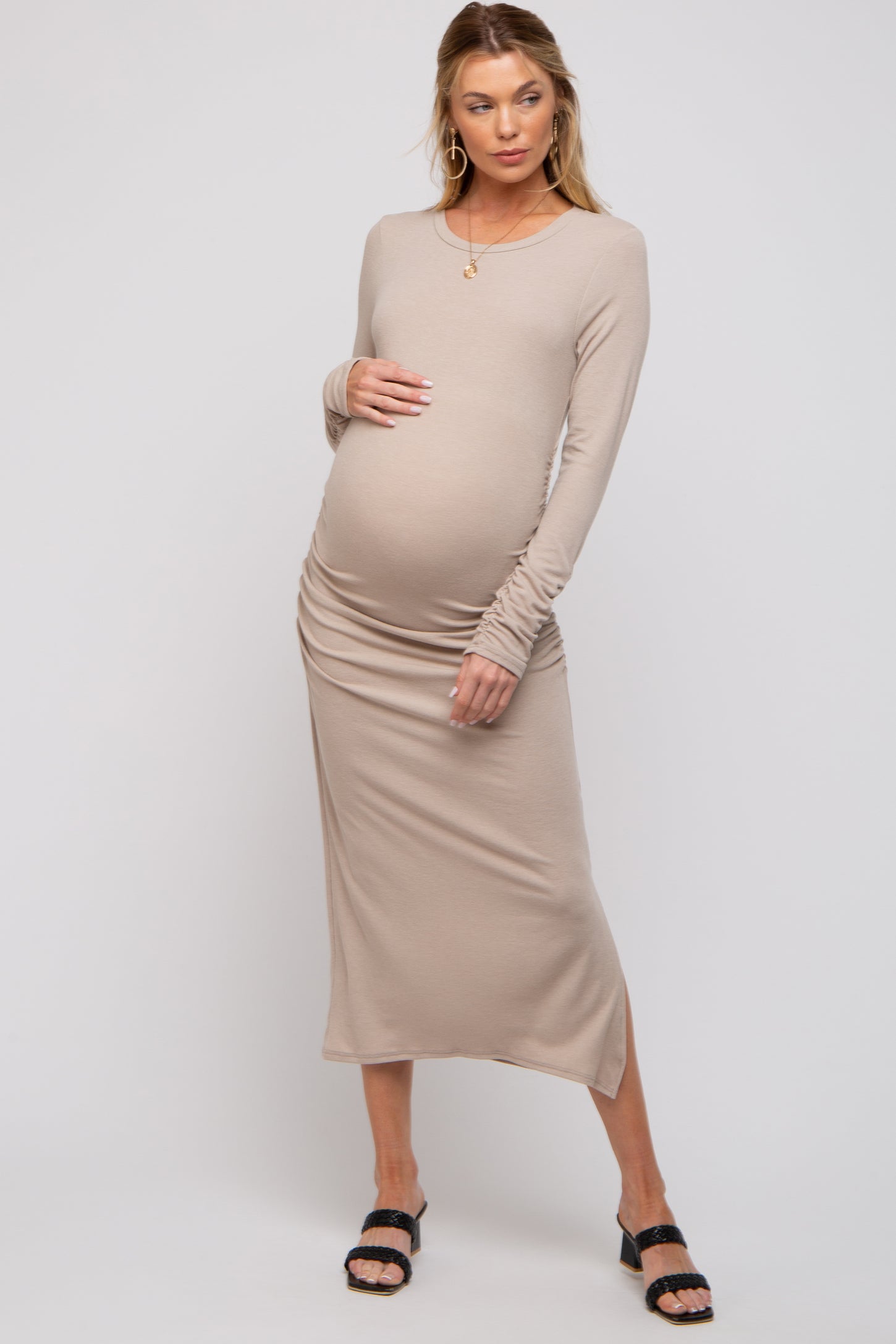 Basic Ruched Maternity Dress with Long Sleeves