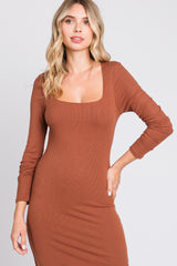 Brown Ribbed Side Slit Midi Dress