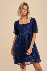 Navy Blue Sequin Pearl Embellished Square Neck Babydoll Dress