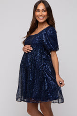 Navy Blue Sequin Pearl Embellished Square Neck Babydoll Maternity Dress