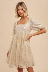 Gold Sequin Pearl Embellished Square Neck Babydoll Dress