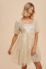 Gold Sequin Pearl Embellished Square Neck Babydoll Maternity Dress