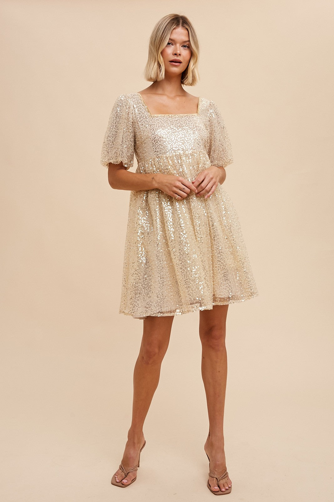 Gold Sequin Pearl Embellished Square Neck Babydoll Dress– PinkBlush
