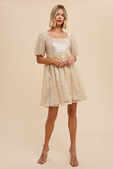 Gold Sequin Pearl Embellished Square Neck Babydoll Dress