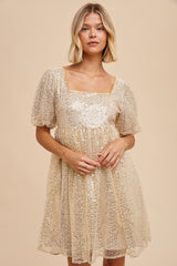 Gold Sequin Pearl Embellished Square Neck Babydoll Dress