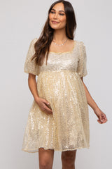 Gold Sequin Pearl Embellished Square Neck Babydoll Maternity Dress