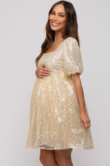 Gold Sequin Pearl Embellished Square Neck Babydoll Maternity Dress