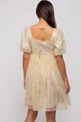 Gold Sequin Pearl Embellished Square Neck Babydoll Maternity Dress