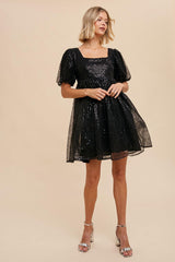 Black Sequin Pearl Embellished Square Neck Babydoll Maternity Dress