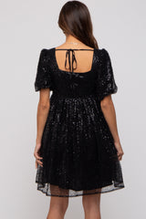 Black Sequin Pearl Embellished Square Neck Babydoll Maternity Dress