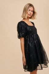 Black Sequin Pearl Embellished Square Neck Babydoll Dress