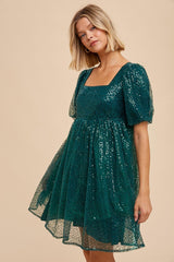 Forest Green Sequin Pearl Embellished Square Neck Babydoll Dress