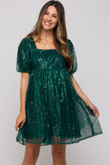 Forest Green Sequin Pearl Embellished Square Neck Babydoll Maternity Dress