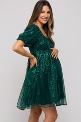 Forest Green Sequin Pearl Embellished Square Neck Babydoll Maternity Dress