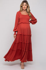 Rust Swiss Dot Ruffle Accent Tiered Maternity Maxi Dress