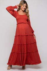 Rust Swiss Dot Ruffle Accent Tiered Maternity Maxi Dress