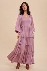 Mauve Swiss Dot Ruffle Accent Tiered Maternity Maxi Dress