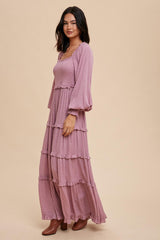 Mauve Swiss Dot Ruffle Accent Tiered Maxi Dress