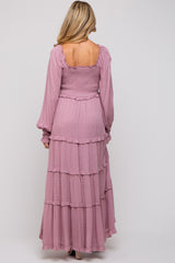 Mauve Swiss Dot Ruffle Accent Tiered Maternity Maxi Dress