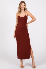 Rust Ribbed Sleeveless Side Slit Dress