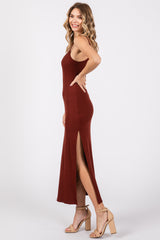 Rust Ribbed Sleeveless Side Slit Dress