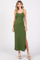 Green Ribbed Sleeveless Side Slit Dress