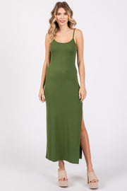 Green Ribbed Sleeveless Side Slit Dress