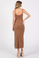 Mocha Ribbed Sleeveless Side Slit Dress