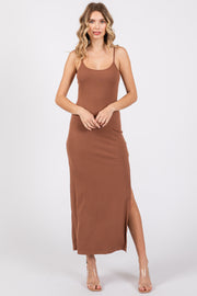 Camel Ribbed Sleeveless Side Slit Dress