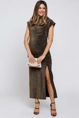 Gold Glitter Mock Neck Maternity Midi Dress